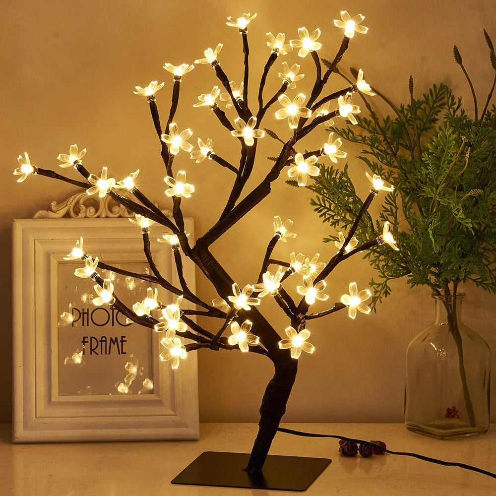 24/36/48LED Cherry Plum Blossom Tree Light Branches Table Lamp Night Light for Home Indoor Bedroom Christmas Wedding Party Decor